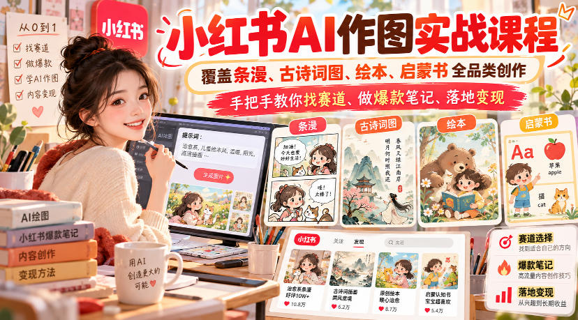 小红书AI作图实战课程,覆盖条漫、古诗词图、绘本、启蒙书全品类创作,手把手教你找赛道、做爆款笔记、落地变现