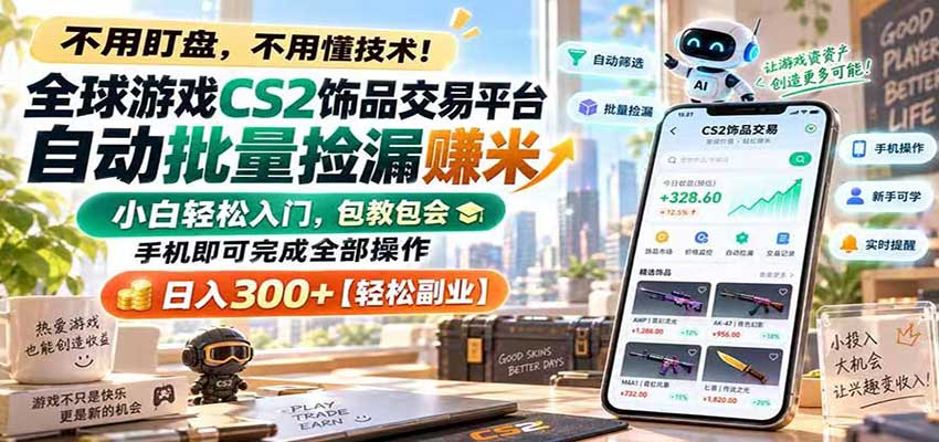 全球游戏CS2饰品交易平台自动批量捡漏赚米,手机即可完成全部操作,日入300+