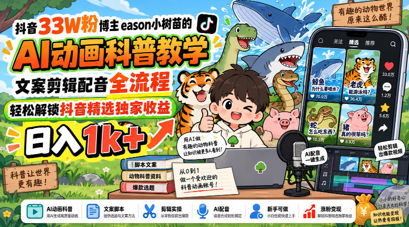 抖音33W粉博主eason小树苗的AI动画科普教学,文案剪辑配音全流程,轻松解锁抖音精选独家收益,日入1k+插图 抖音33W粉博主eason小树苗的AI动画科普教学,文案剪辑配音全流程,轻松解锁抖音精选独家收益,日入1k+插图