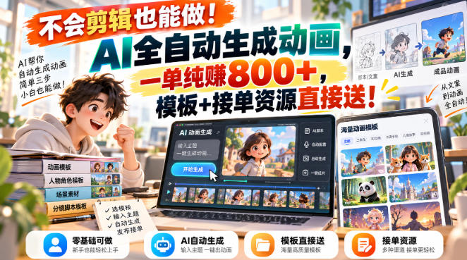 不会剪辑也能做!AI全自动生成动画,一单纯賺800+,模板+接单资源直接送!【揭秘】