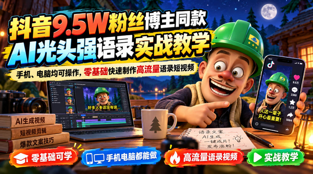 抖音9.5W粉丝博主同款AI光头强语录实战教学,手机、电脑均可操作,零基础快速制作高流量语录短视频插图 抖音9.5W粉丝博主同款AI光头强语录实战教学,手机、电脑均可操作,零基础快速制作高流量语录短视频插图