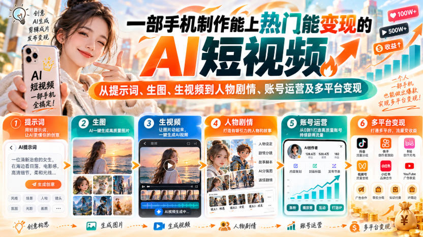 【无水印】一部手机制作能上热门能变现的AI短视频,从提示词、生图、生视频到人物剧情、账号运营及多平台变现