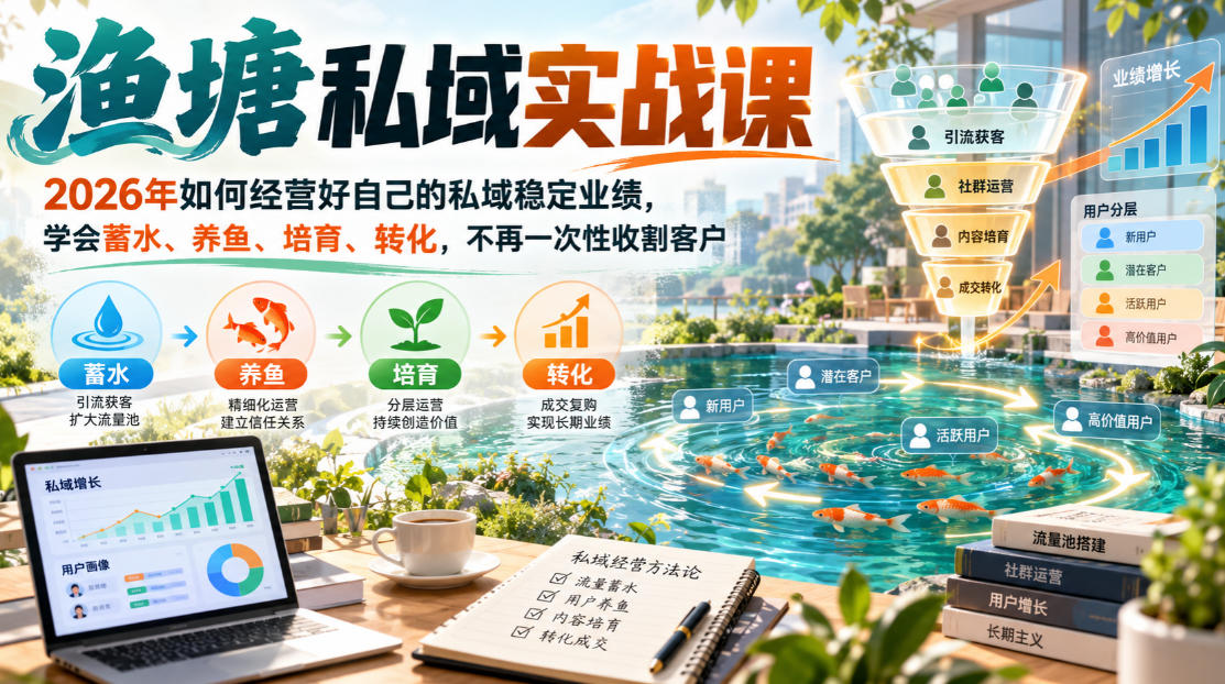 渔塘私域实战课,2026年如何经营好自己的私域稳定业绩,学会蓄水、养鱼、培育、转化,不再一次性收割客户插图 渔塘私域实战课,2026年如何经营好自己的私域稳定业绩,学会蓄水、养鱼、培育、转化,不再一次性收割客户插图