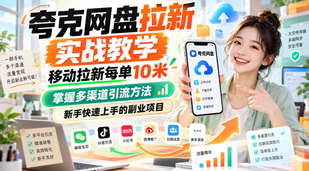 夸克网盘拉新实战教学，移动拉新每单10米，掌握多渠道引流方法，新手快速上手的副业项目