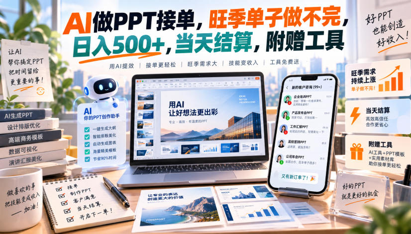 AI做PPT接单,旺季单子做不完,日入500+,当天结算,附赠工具【揭秘】