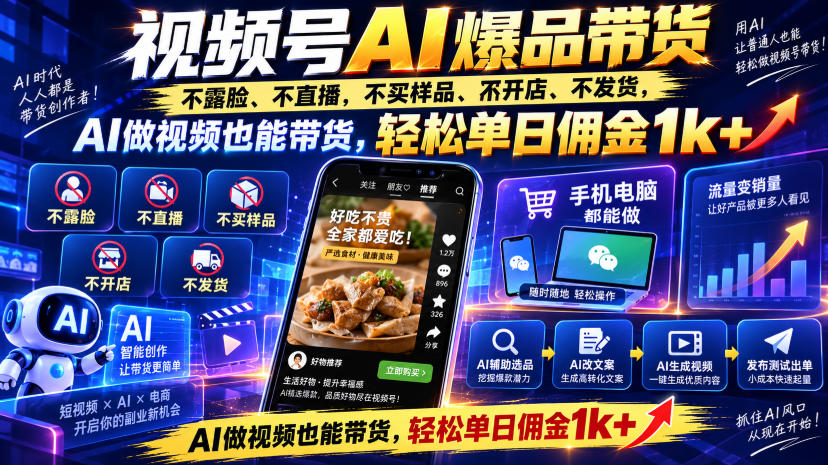 视频号Ai爆品带货,不露脸、不直播、不买样品、不开店、不发货,AI做视频也能带货,轻松单日佣金1k+插图 视频号Ai爆品带货,不露脸、不直播、不买样品、不开店、不发货,AI做视频也能带货,轻松单日佣金1k+插图