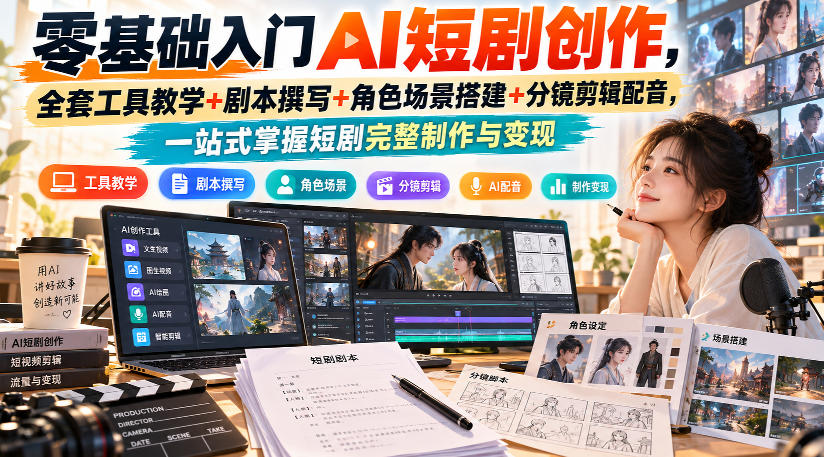 零基础入门AI短剧创作,全套工具教学+剧本撰写+角色场景搭建+分镜剪辑配音,一站式掌握短剧完整制作与变现