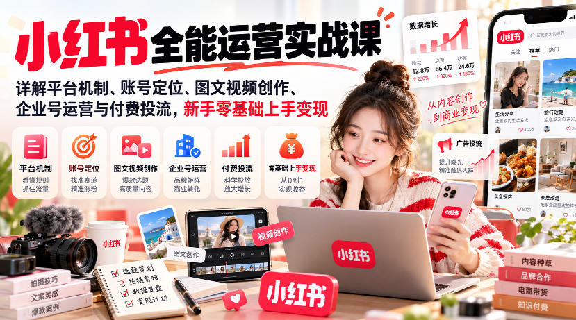 小红书全能运营实战课,详解平台机制、账号定位、图文视频创作、企业号运营与付费投流,新手零基础上手变现