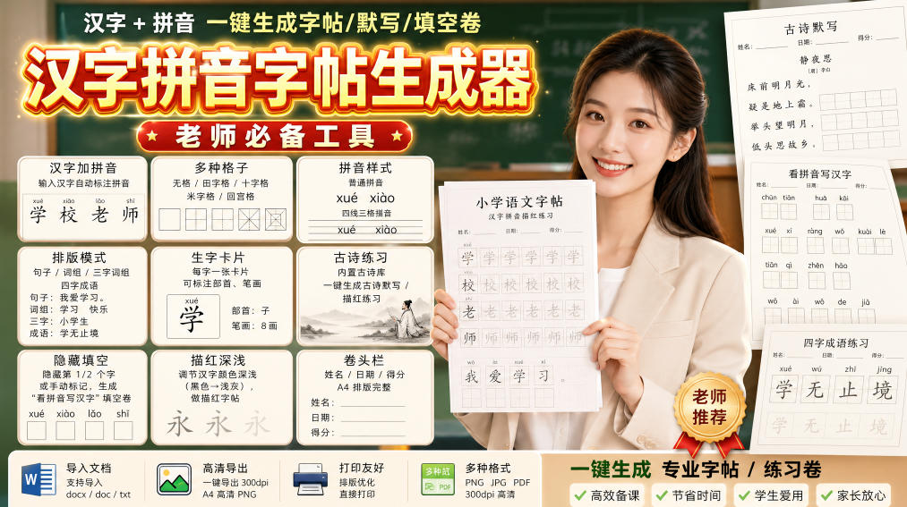 学习神器,汉字拼音字帖生成器,汉字+拼音 一键生成字帖/默写/填空卷,支持词组、成语,老师、家长必备插图 学习神器,汉字拼音字帖生成器,汉字+拼音 一键生成字帖/默写/填空卷,支持词组、成语,老师、家长必备插图