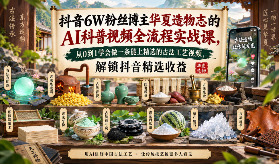 抖音6W粉丝博主华夏造物志的AI科普视频全流程实战课,从0到1学会做一条能上精选的古法工艺视频,解锁抖音精选收益插图 抖音6W粉丝博主华夏造物志的AI科普视频全流程实战课,从0到1学会做一条能上精选的古法工艺视频,解锁抖音精选收益插图