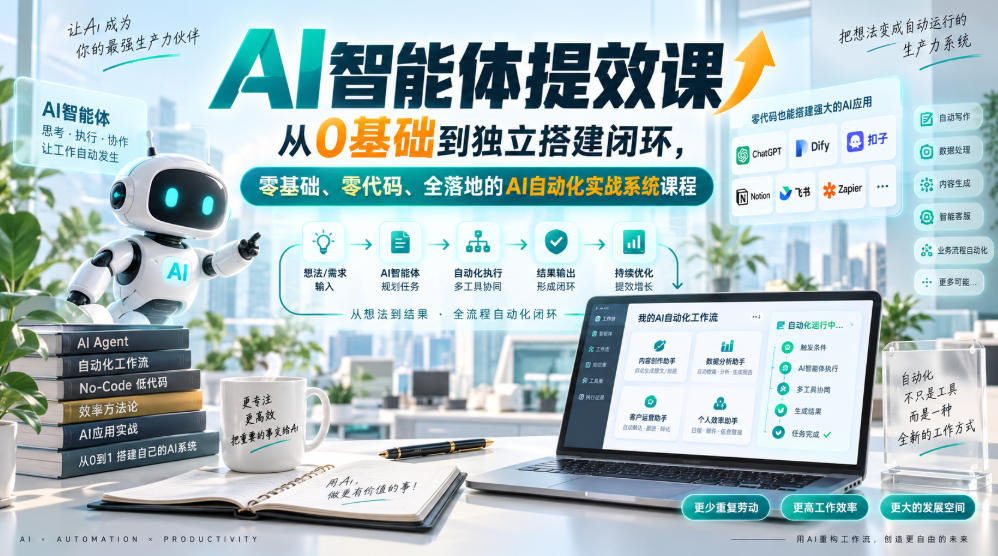 AI智能体提效课，从0基础到独立搭建闭环，零基础、零代码、全落地的AI自动化实战系统课程插图