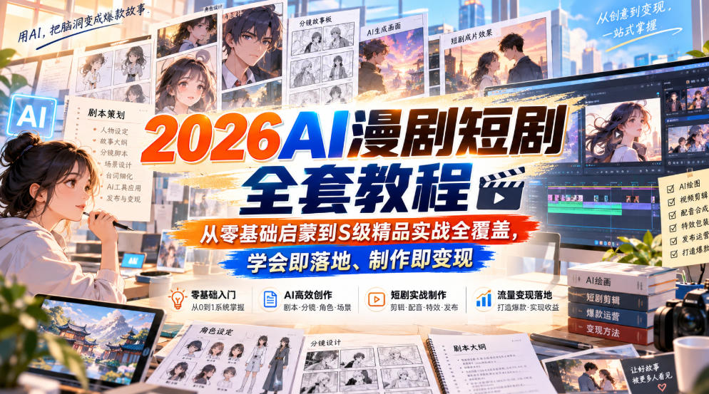 【无水印】2026AI漫剧短剧全套教程，从零基础启蒙到S级精品实战全覆盖，学会即落地、制作即变现