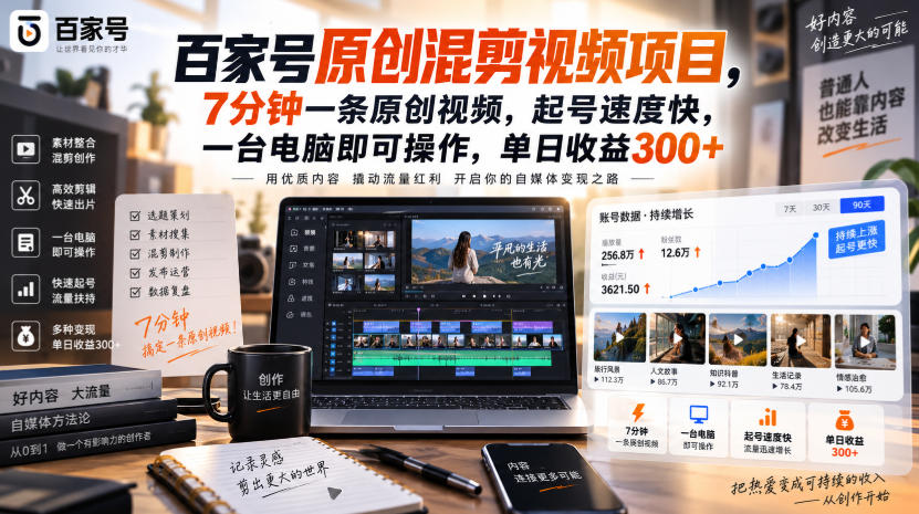 百家号原创混剪视频项目,7分钟一条原创视频,起号速度快,一台电脑即可操作,单日收益300+插图 百家号原创混剪视频项目,7分钟一条原创视频,起号速度快,一台电脑即可操作,单日收益300+插图