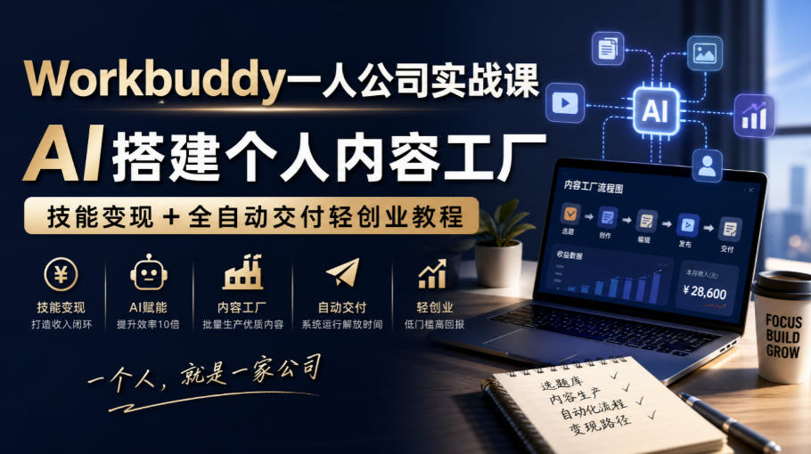 Workbuddy一人公司实战课,AI搭建个人内容工厂,技能变现+全自动交付轻创业教程