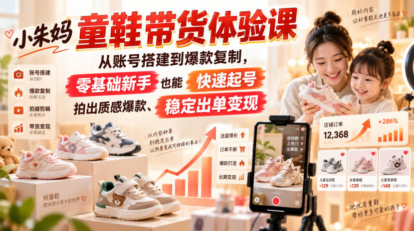 小朱妈童鞋带货体验课，从账号搭建到爆款复制，零基础新手也能快速起号、拍出质感爆款、稳定出单变现