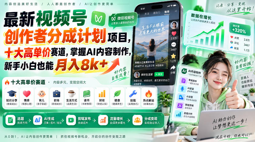 最新视频号创作者分成计划项目,十大高单价赛道,掌握AI内容制作,新手小白也能月入8k+插图 最新视频号创作者分成计划项目,十大高单价赛道,掌握AI内容制作,新手小白也能月入8k+插图