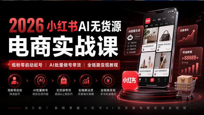 2026小红书AI无货源电商实战课|低粉零启动起号|AI批量做号带货全链路变现教程