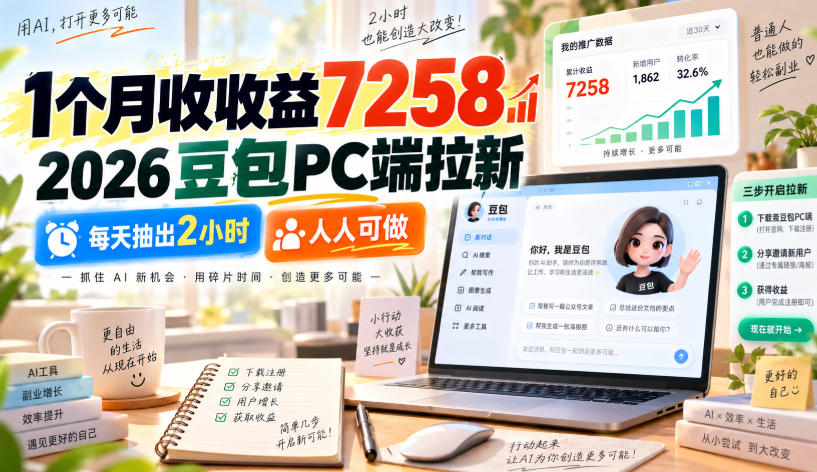 1个月收收益7258,2026豆包PC端拉新,每天抽出2小时,人人可做