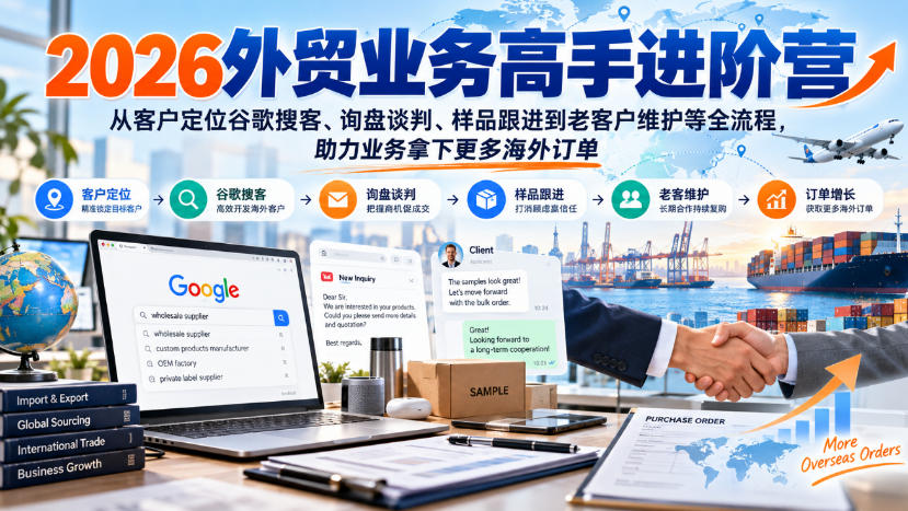 2026外贸业务高手进阶营,从客户定位谷歌搜客、询盘谈判、样品跟进到老客户维护等全流程,助力业务拿下更多海外订单插图 2026外贸业务高手进阶营,从客户定位谷歌搜客、询盘谈判、样品跟进到老客户维护等全流程,助力业务拿下更多海外订单插图
