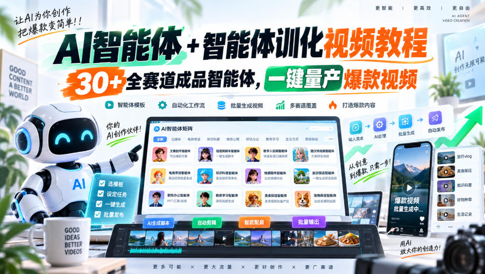 AI智能体+智能体训化视频教程,30+全赛道成品智能体,一键量产爆款视频
