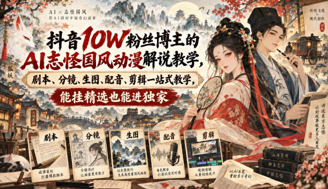 抖音10W粉丝博主的AI志怪国风动漫解说教学，剧本、分镜、生图、配音、剪辑一站式教学，能挂精选也能进独家​插图
