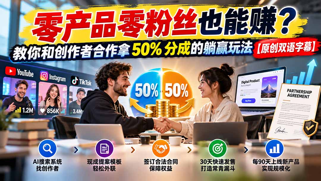 （20957期）零产品零粉丝也能赚？教你和创作者合作拿 50% 分成的躺赢玩法【原创双语字幕】