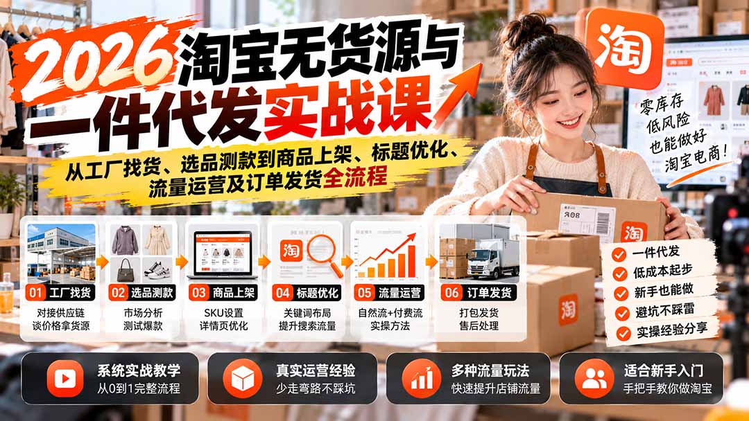 (20903期)2026淘宝无货源与一件代发实战课:从工厂找货、选品测款到商品上架、标题优化、流量运营及订单发货全流程插图1 (20903期)2026淘宝无货源与一件代发实战课:从工厂找货、选品测款到商品上架、标题优化、流量运营及订单发货全流程插图1