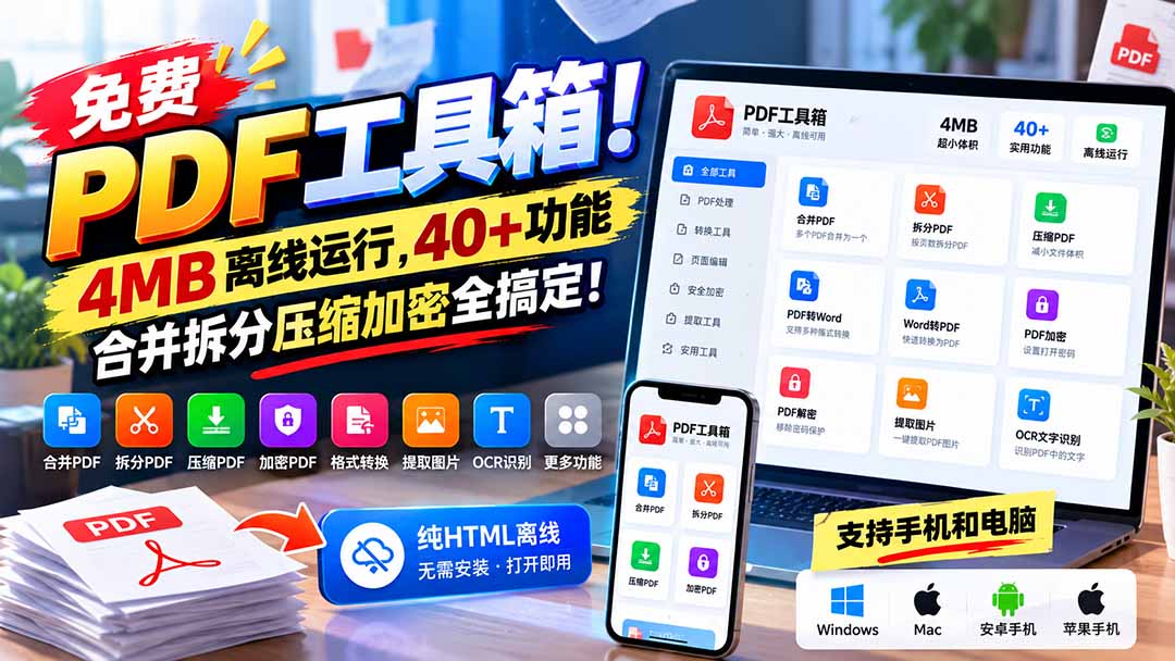 (21197期)免费PDF工具箱!4MB离线运行,40+功能,合并拆分压缩加密全搞定!