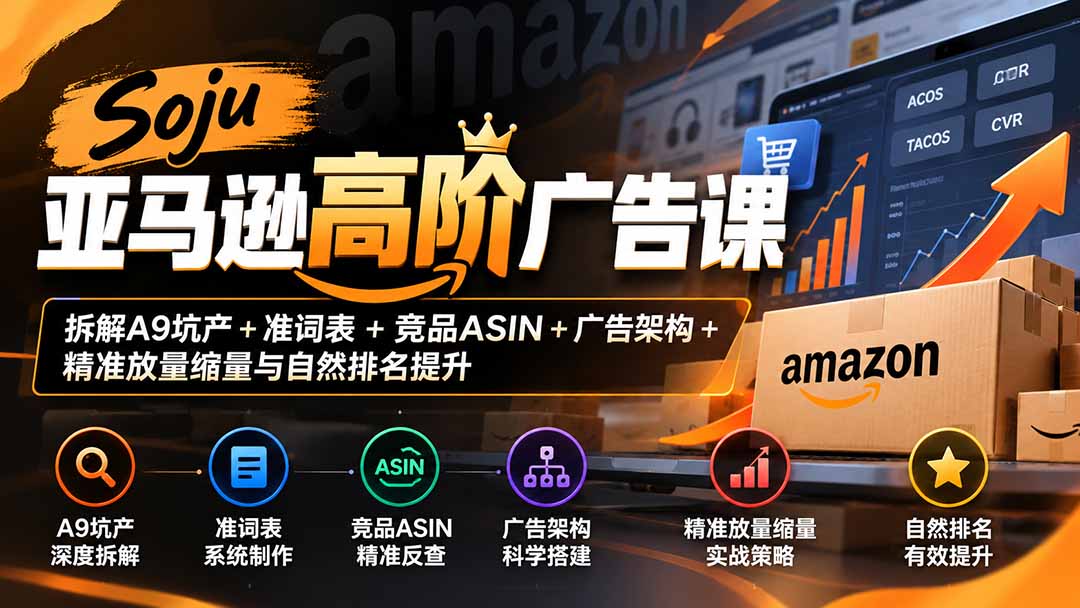 （20831期）Soju亚马逊高阶广告课：拆解A9坑产+准词表+竞品ASIN+广告架构+精准放量缩量与自然排名提升