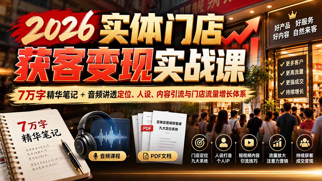 (20832期)2026实体门店获客变现实战课:7万字精华笔记+音频讲透定位、人设、内容引流与门店流量增长体系插图1 (20832期)2026实体门店获客变现实战课:7万字精华笔记+音频讲透定位、人设、内容引流与门店流量增长体系插图1