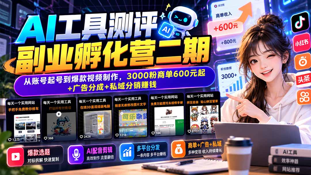 (20799期)AI工具测评副业孵化营二期:从账号起号到爆款视频制作,3000粉商单600元起+广告分成+私域分销赚钱