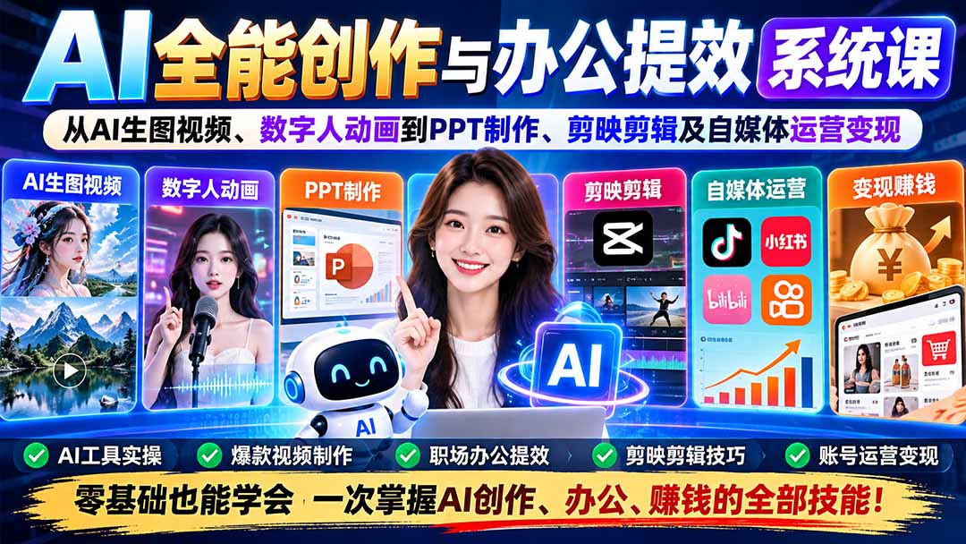 (20885期)AI全能创作与办公提效系统课:从AI生图视频、数字人动画到PPT制作、剪映剪辑及自媒体运营变现