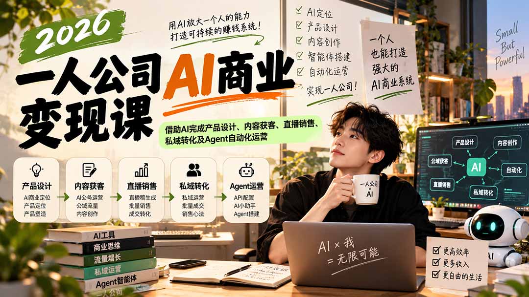 (20901期)2026一人公司AI商业变现课:借助AI完成产品设计、内容获客、直播销售、私域转化及Agent自动化运营插图1 (20901期)2026一人公司AI商业变现课:借助AI完成产品设计、内容获客、直播销售、私域转化及Agent自动化运营插图1