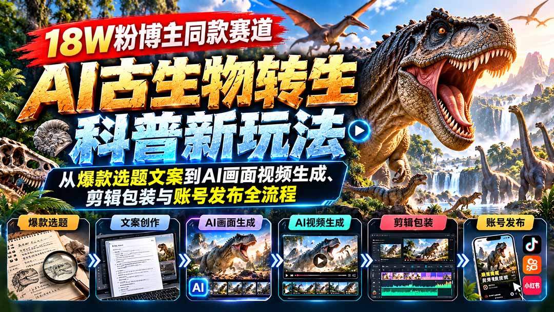 （20833期）18W粉博主同款赛道-AI古生物转生科普新玩法：从爆款选题文案到AI画面视频生成、剪辑包装与账号发布全流程插图1