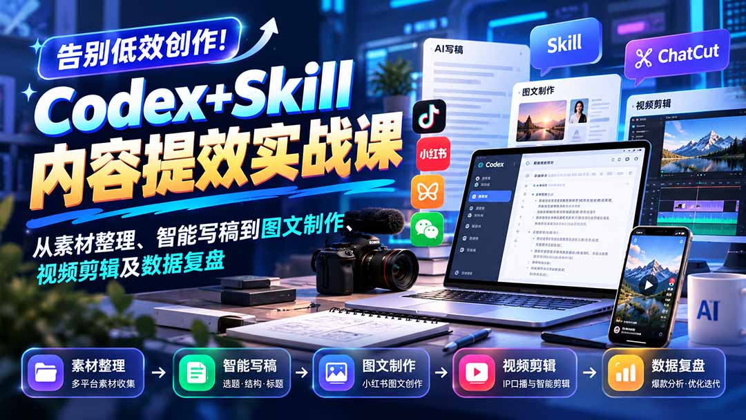 （20915期）【无水印】告别低效创作！Codex+Skill内容提效实战课：从素材整理、智能写稿到图文制作、视频剪辑及数据复盘