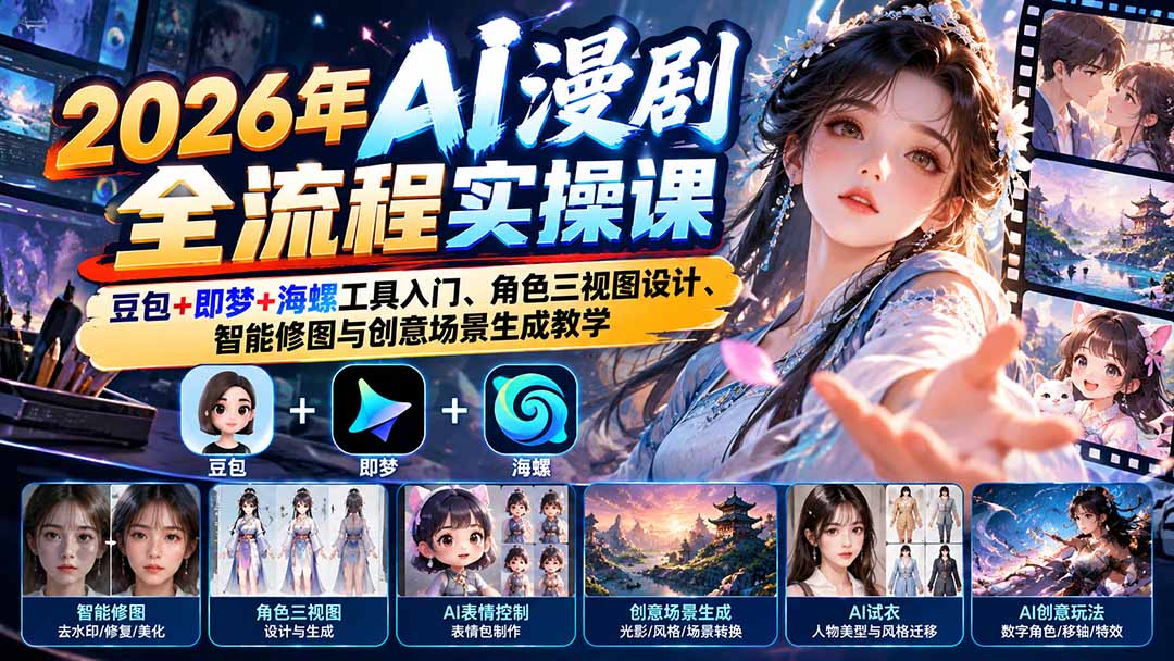 (21077期)2026年AI漫剧全流程实操课:豆包+即梦+海螺工具入门、角色三视图设计、智能修图与创意场景生成教学