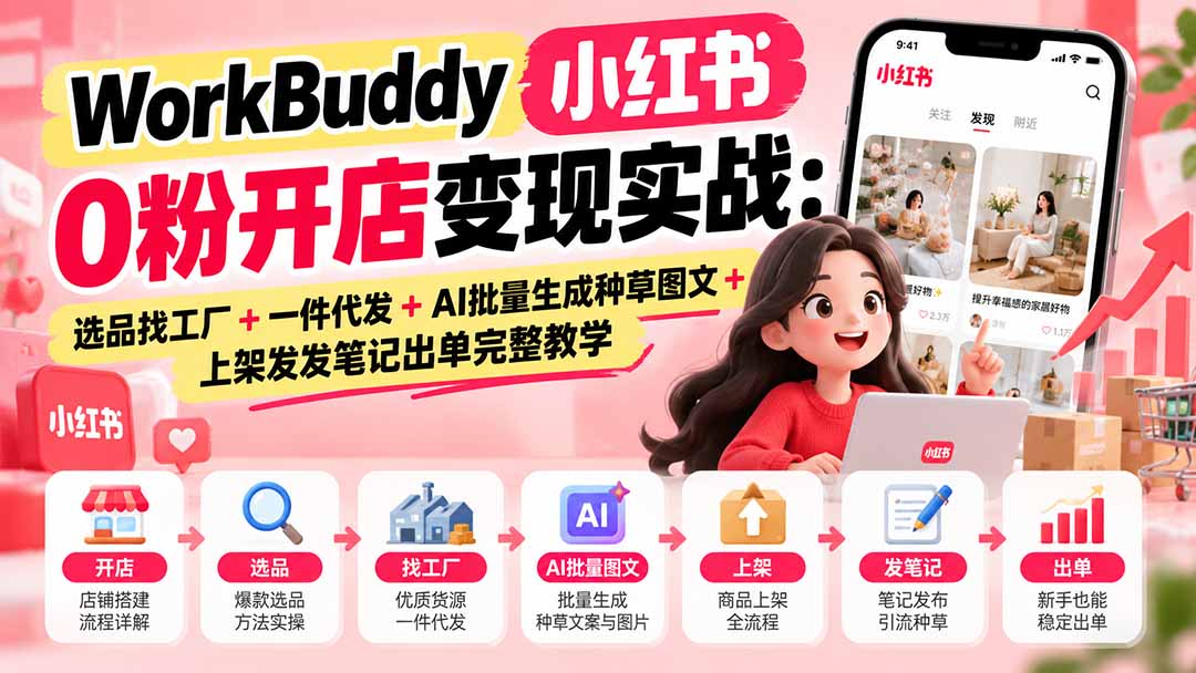 (20801期)WorkBuddy小红书0粉开店变现实战:选品找工厂+一件代发+AI批量生成种草图文+上架发发笔记出单完整教学插图1 (20801期)WorkBuddy小红书0粉开店变现实战:选品找工厂+一件代发+AI批量生成种草图文+上架发发笔记出单完整教学插图1