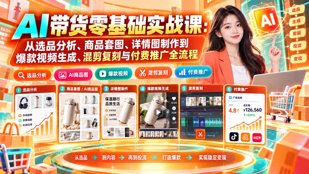 (20856期)AI带货零基础实战课:从选品分析、商品套图、详情图制作到爆款视频生成、混剪复刻与付费推广全流程插图1 (20856期)AI带货零基础实战课:从选品分析、商品套图、详情图制作到爆款视频生成、混剪复刻与付费推广全流程插图1