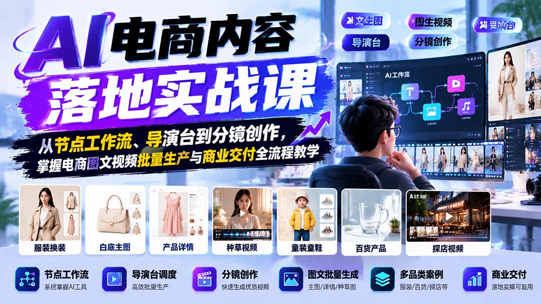 (21136期)AI电商内容落地实战课:从节点工作流、导演台到分镜创作,掌握电商图文视频批量生产与商业交付全流程教学