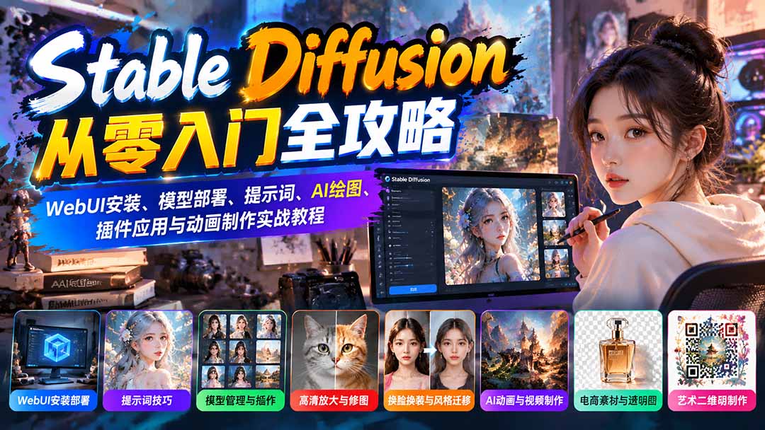 (21062期)Stable Diffusion从零入门全攻略:WebUI安装、模型部署、提示词、AI绘图、插件应用与动画制作实战教程