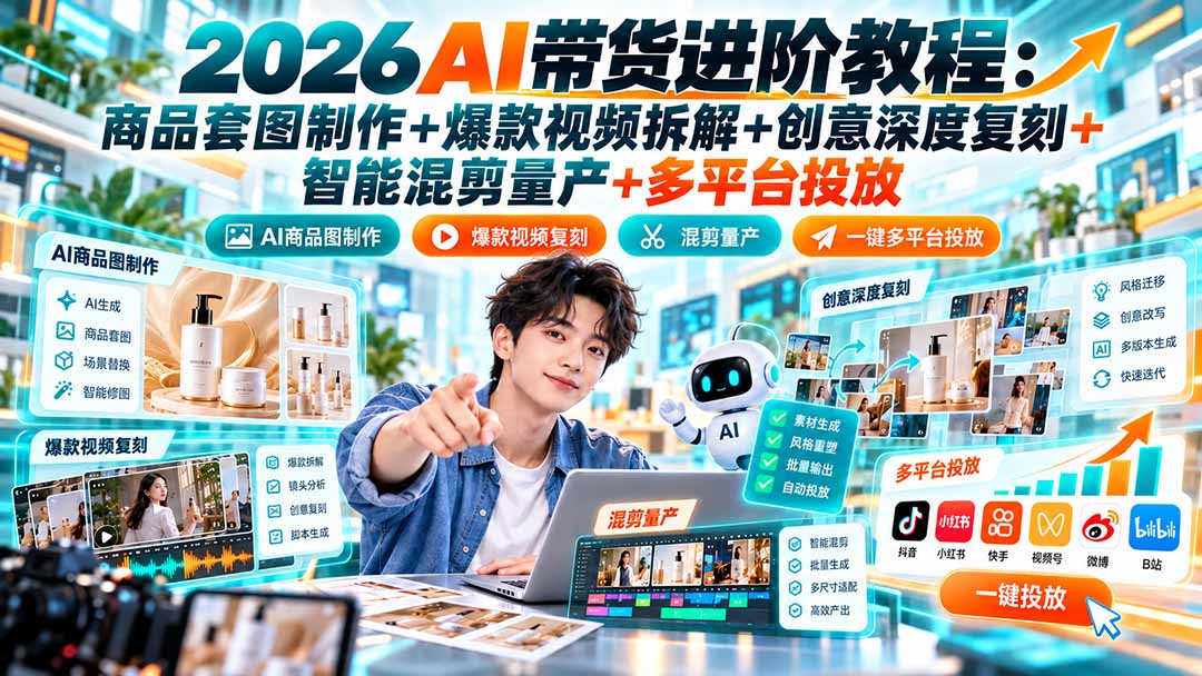 (20857期)2026AI带货进阶教程:商品套图制作+爆款视频拆解+创意深度复刻+智能混剪量产+多平台投放插图1 (20857期)2026AI带货进阶教程:商品套图制作+爆款视频拆解+创意深度复刻+智能混剪量产+多平台投放插图1