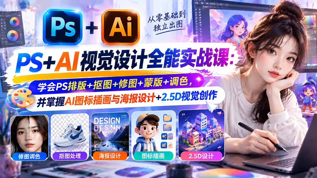 （20749期）【无水印】PS+AI视觉设计全能实战课：学会PS排版+抠图+修图+蒙版+调色，并掌握AI图标插画与海报设计+2.5D视觉创作插图1