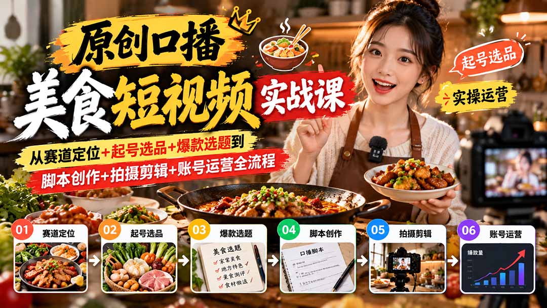 （20786期）原创口播美食短视频实战课：从赛道定位+起号选品+爆款选题到脚本创作+拍摄剪辑+账号运营全流程插图1