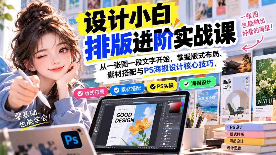 (20838期)设计小白排版进阶实战课:从一张图一段文字开始,掌握版式布局、素材搭配与PS海报设计核心技巧