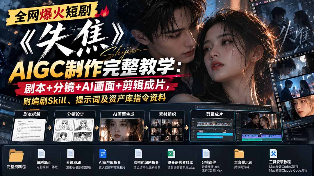 (20805期)全网爆火短剧《失焦》AIGC制作完整教学:剧本+分镜+AI画面+剪辑成片,附编剧Skill、提示词及资产库指令资料