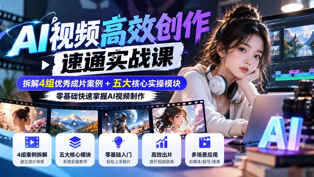(20819期)【无水印】AI视频高效创作速通实战课:拆解4组优秀成片案例+五大核心实操模块,零基础快速掌握AI视频制作插图1 (20819期)【无水印】AI视频高效创作速通实战课:拆解4组优秀成片案例+五大核心实操模块,零基础快速掌握AI视频制作插图1