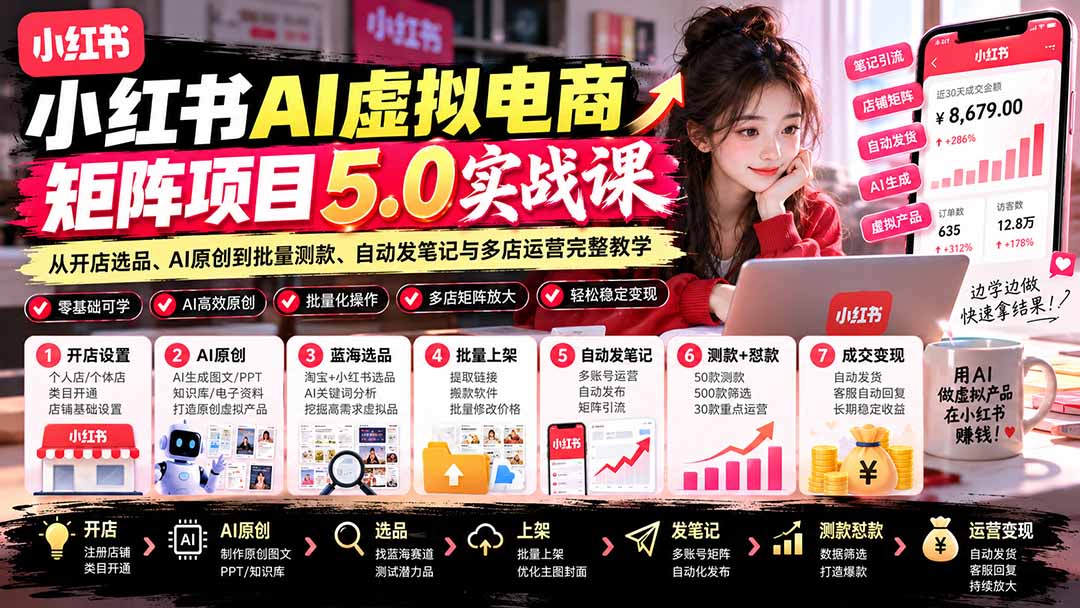 （21273期）小红书AI虚拟电商矩阵5.0实战课：从开店选品、AI原创到批量测款、自动发笔记与多店运营完整教学