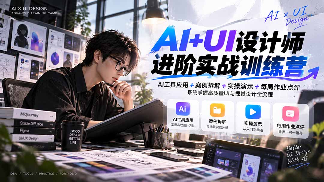 (20905期)【无水印】AI+UI设计师进阶训练营-第4期:AI工具应用+案例拆解+实操演示+作业点评,掌握高质量UI与视觉设计全流程插图1 (20905期)【无水印】AI+UI设计师进阶训练营-第4期:AI工具应用+案例拆解+实操演示+作业点评,掌握高质量UI与视觉设计全流程插图1