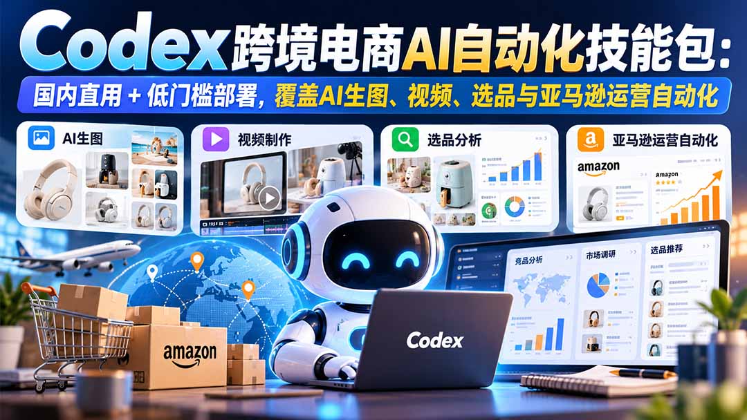 (20752期)【无水印】Codex跨境电商AI自动化技能包:国内直用+低门槛部署,覆盖AI生图、视频、选品与亚马逊运营自动化插图1 (20752期)【无水印】Codex跨境电商AI自动化技能包:国内直用+低门槛部署,覆盖AI生图、视频、选品与亚马逊运营自动化插图1