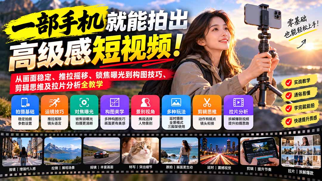 （21272期）一部手机就能拍出高级感短视频！从画面稳定、推拉摇移、锁焦曝光到构图技巧、剪辑思维及拉片分析全教学